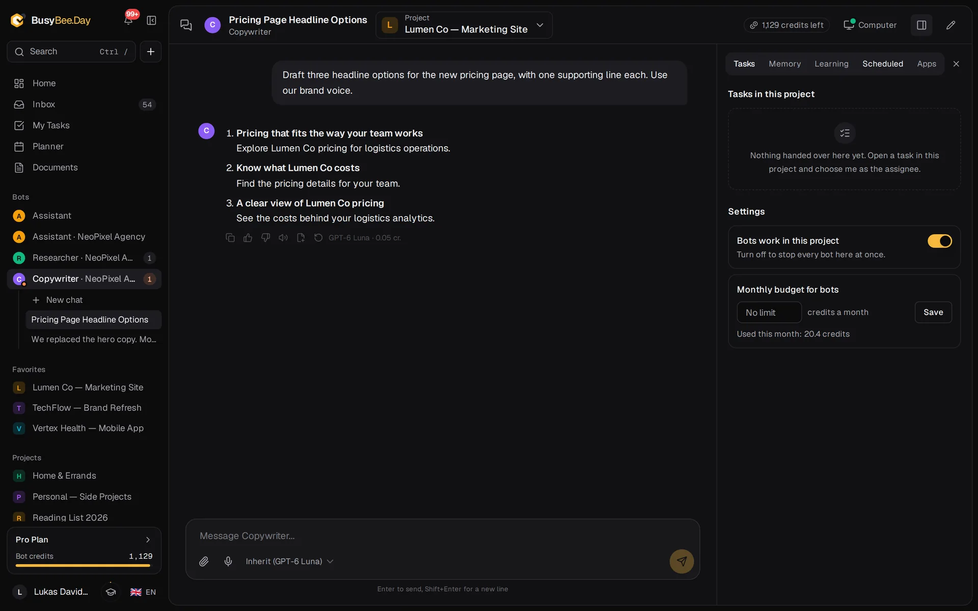 A chat with a BusyBee.Day bot inside a project, with the steps it took and the credits the answer used