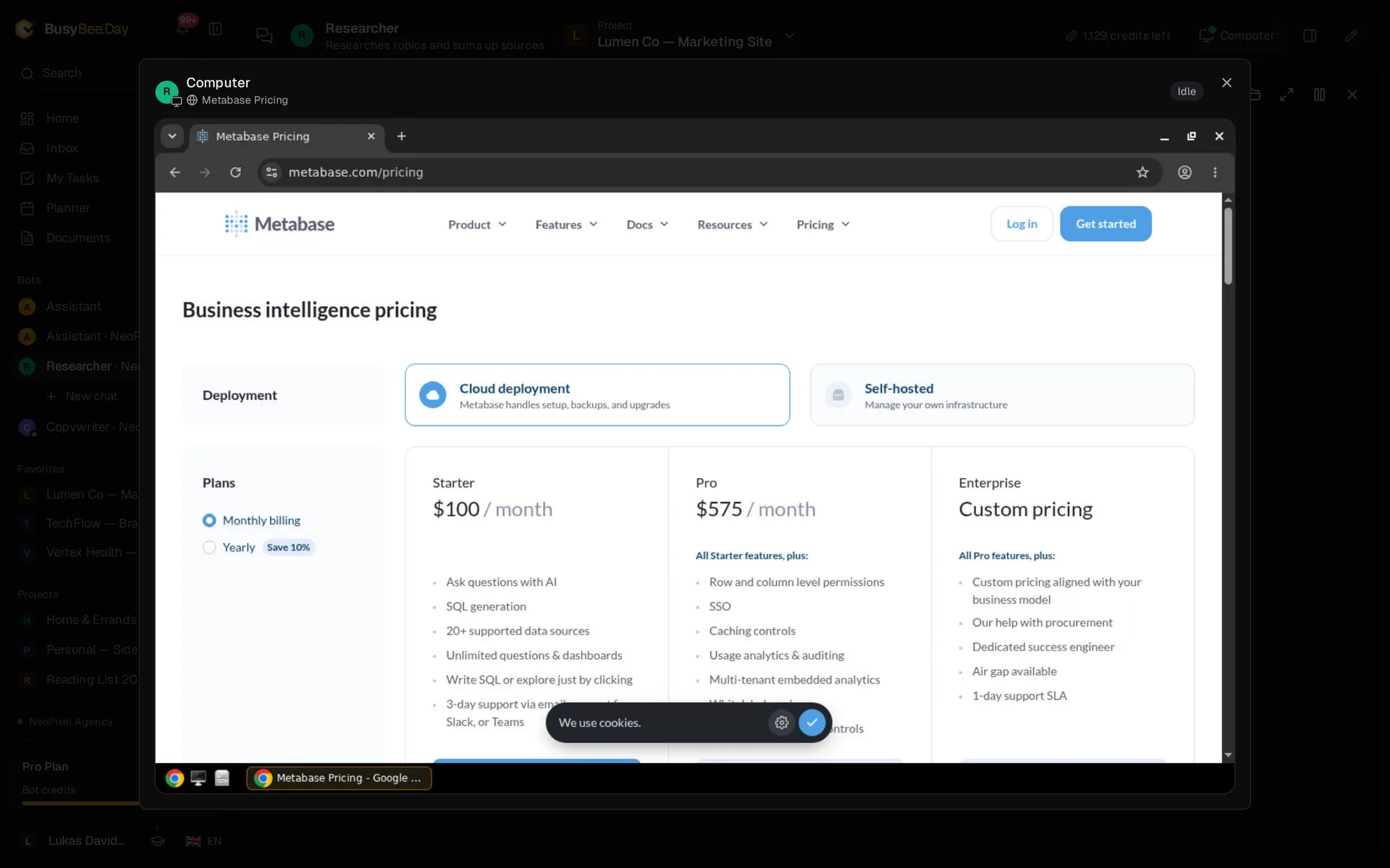 Der Cloud-Desktop eines Bots mit einer Preisseite in Chrome, live in BusyBee.Day angezeigt