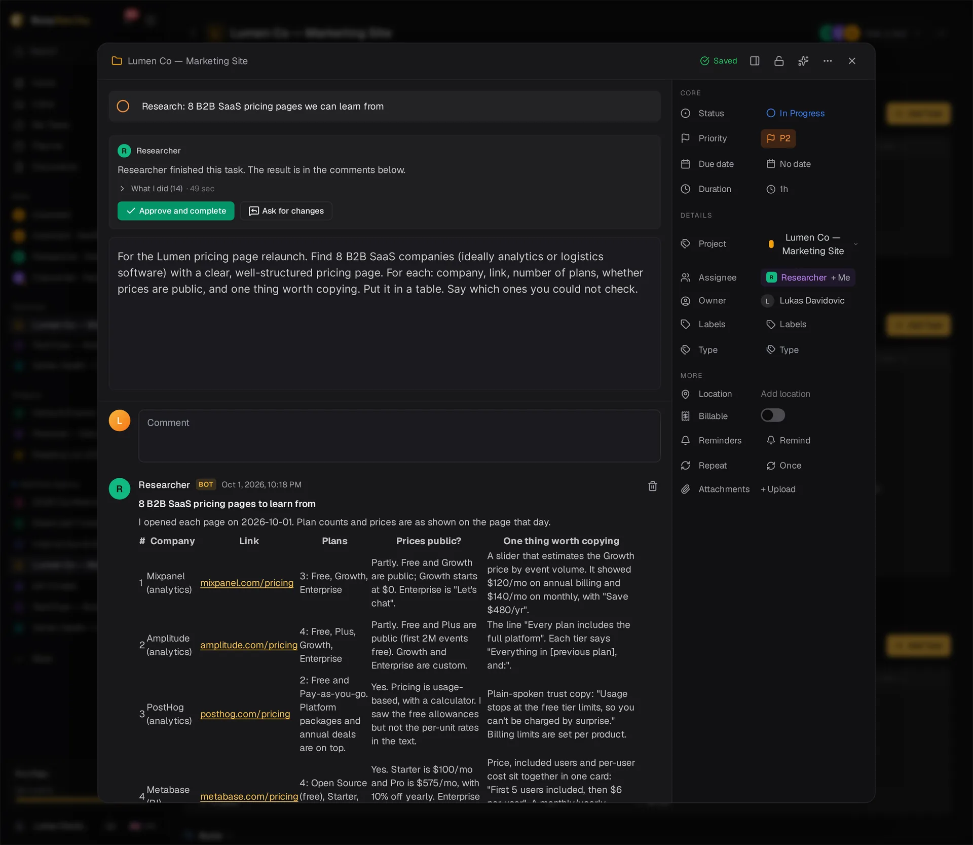 A task assigned to a bot, with its result in the comments and the Approve and Ask for changes buttons