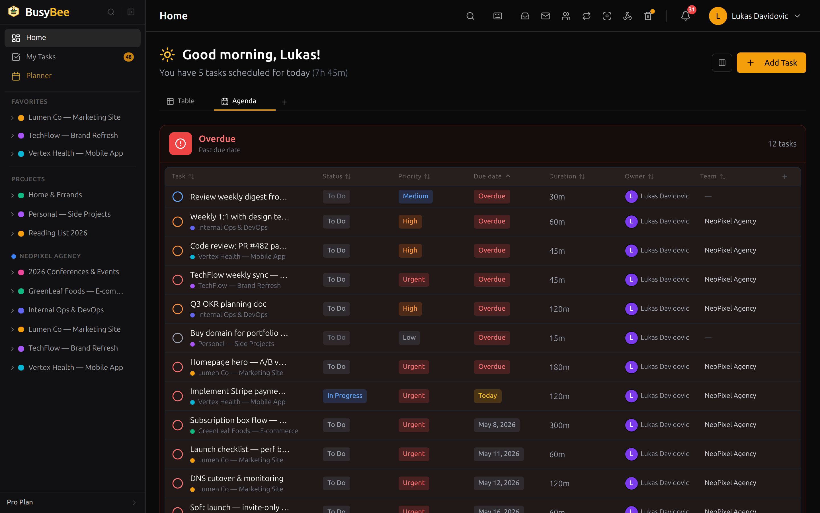 BusyBee.Day Agenda view showing today, tomorrow, and the next two work days with overdue tasks at the top