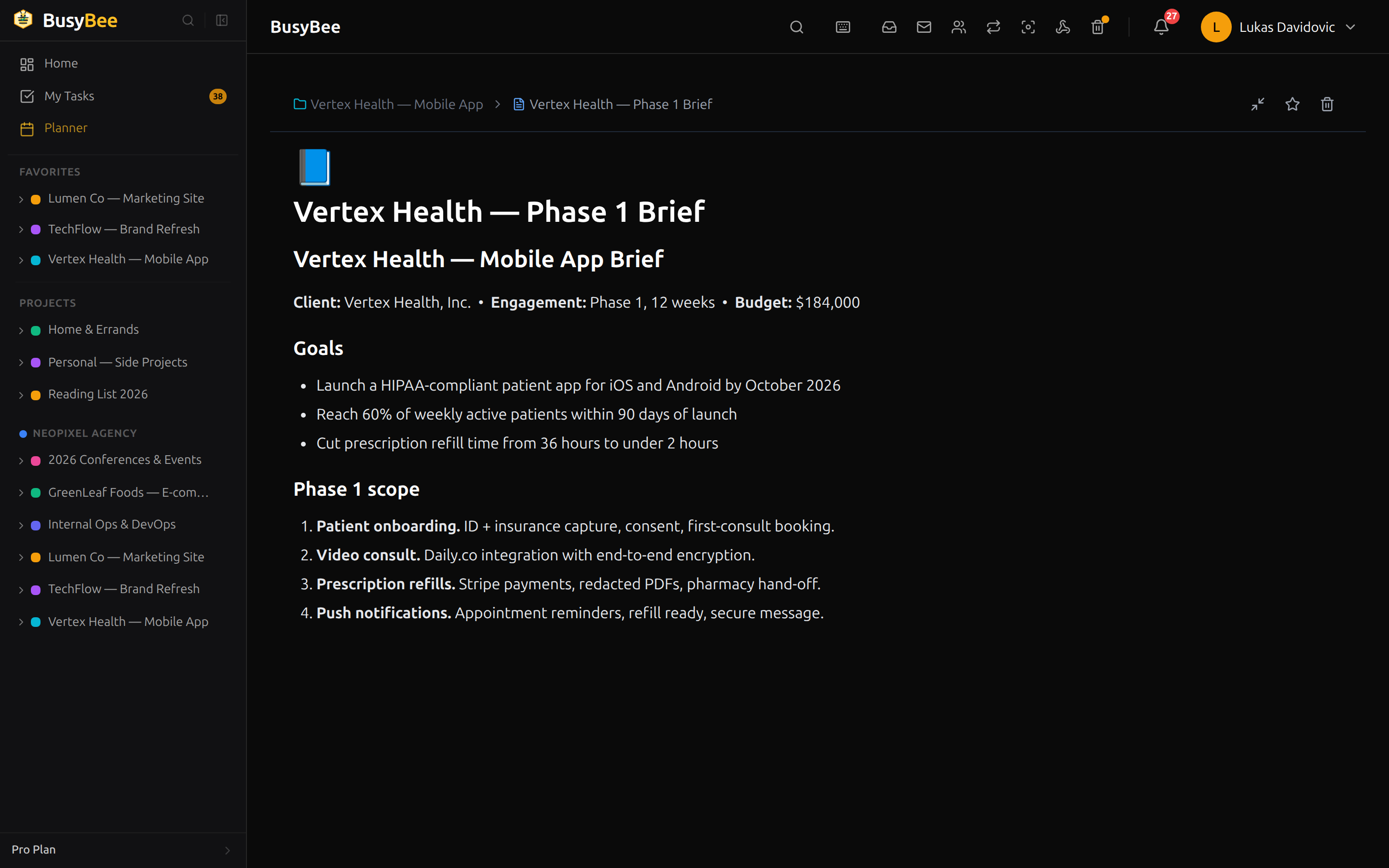 BusyBee.Day Tiptap document editor with Vertex Health Phase 1 brief - headings, bullet list, task list, and rich formatting visible