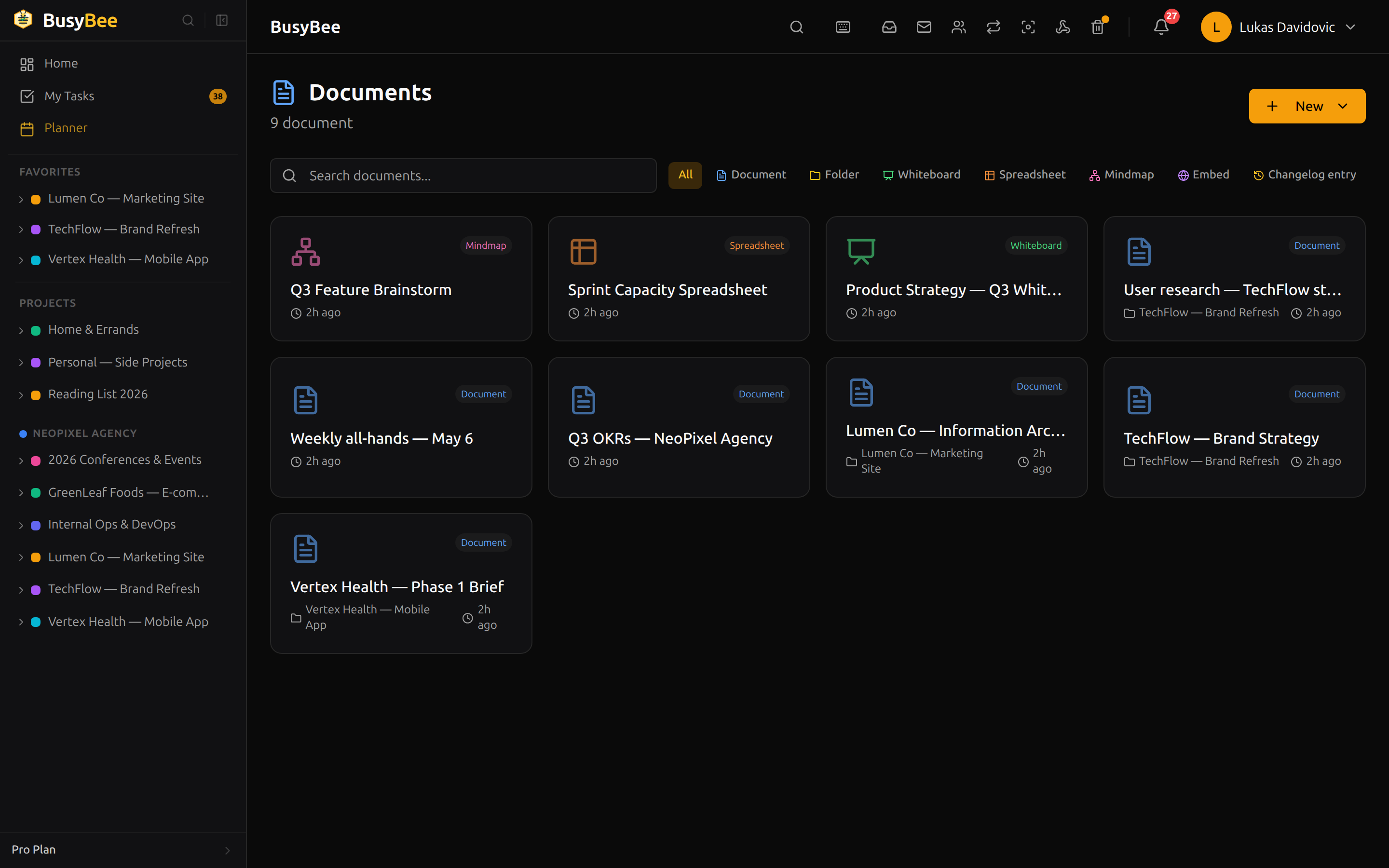 BusyBee.Day document list view showing project briefs, OKR docs, all-hands notes, and stakeholder interviews