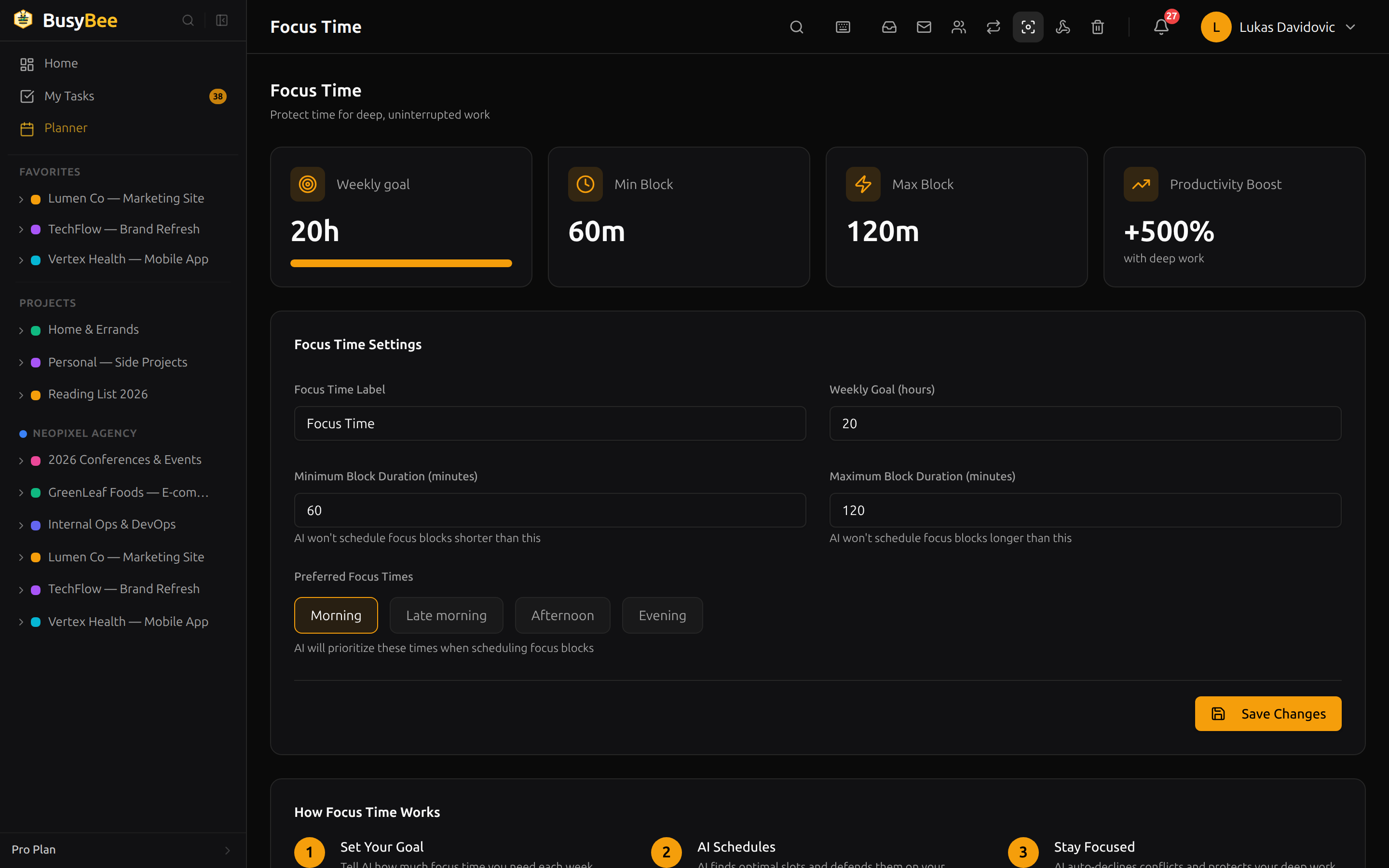 BusyBee.Day Focus Time settings page showing weekly goal of 18 hours, minimum 60 and maximum 120 minute blocks, morning preference