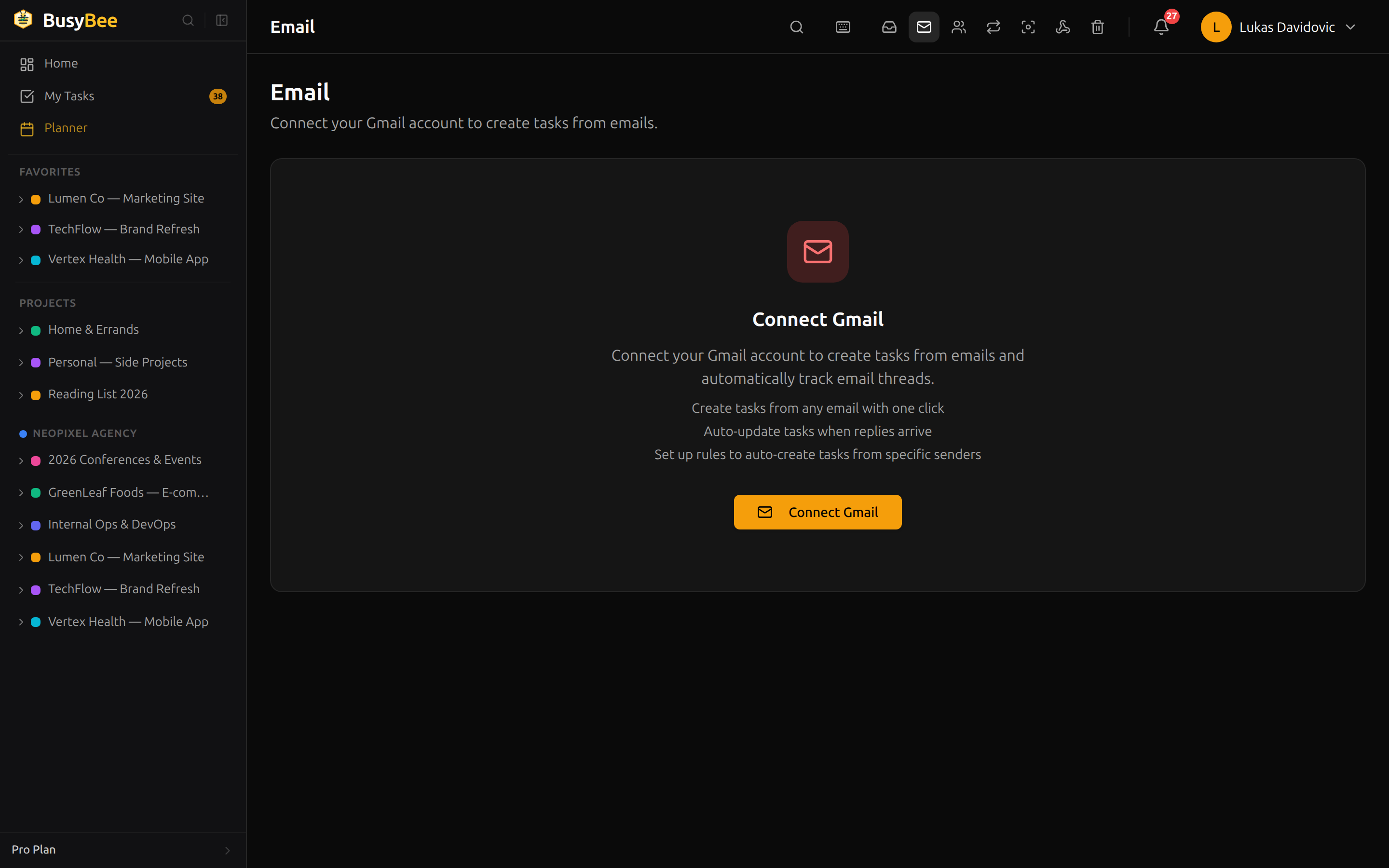 BusyBee.Day Gmail integration showing inbox messages and conversion to tasks with automation rule controls