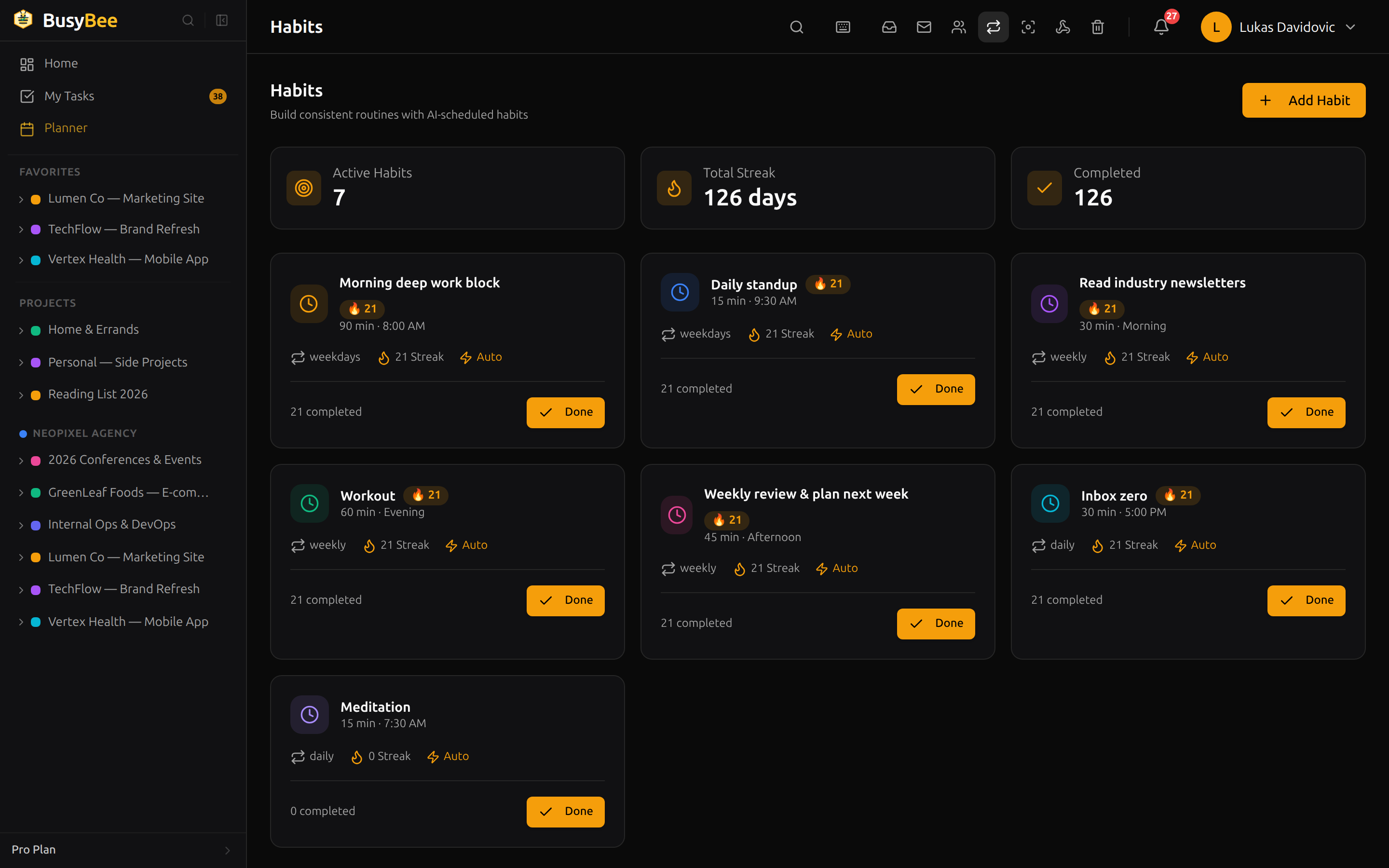 BusyBee.Day Habits page listing six habits with streak counts, recurrence patterns, and color tags