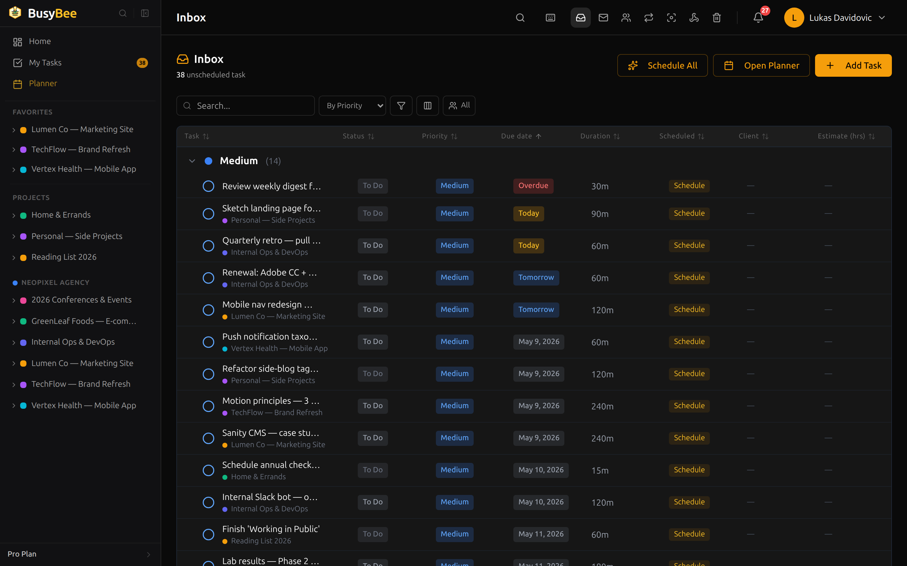 BusyBee.Day Inbox view with new tasks, mentions, and notifications listed for triage