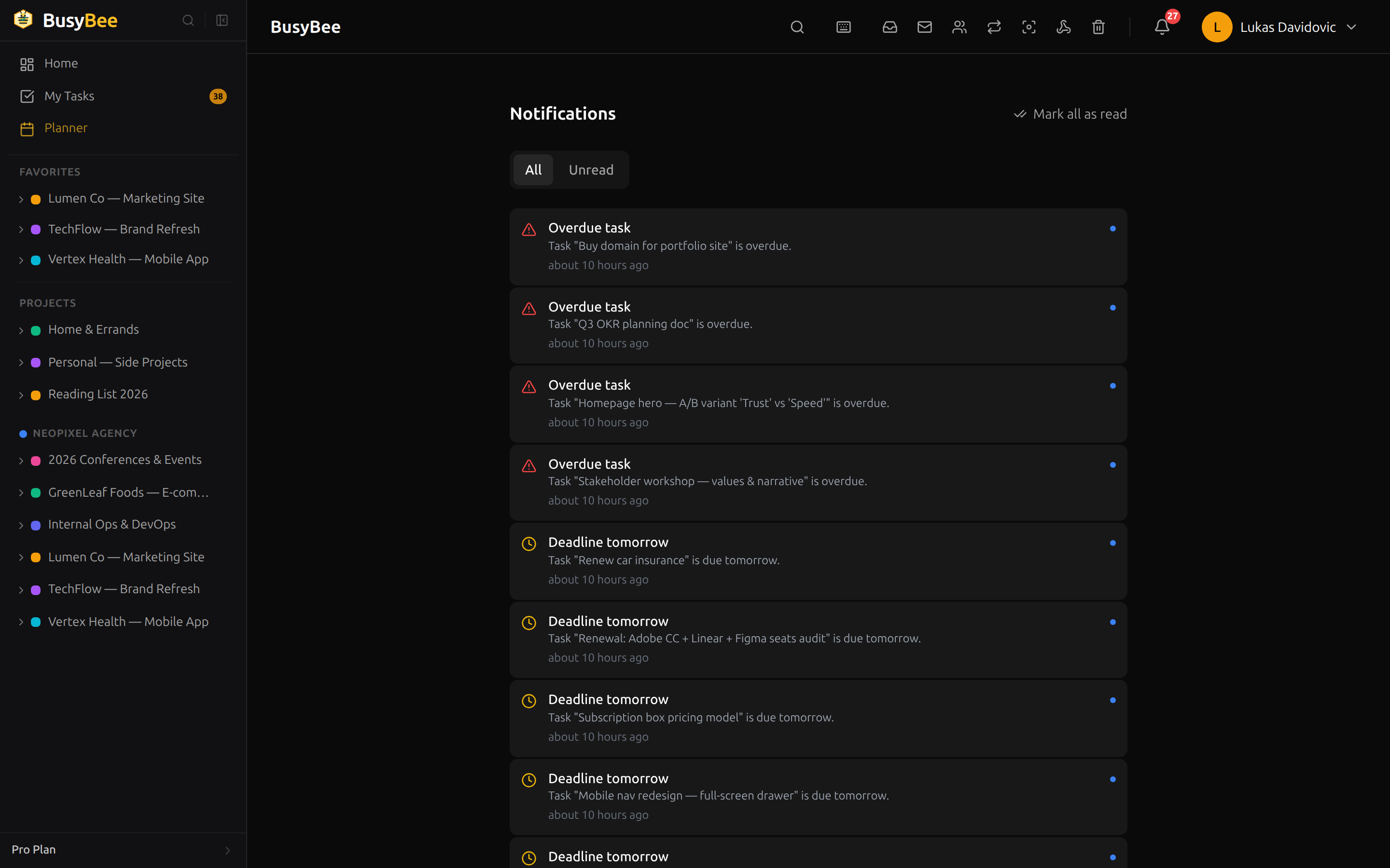 BusyBee.Day notifications page showing task assignments, mentions, and deadline alerts in chronological list