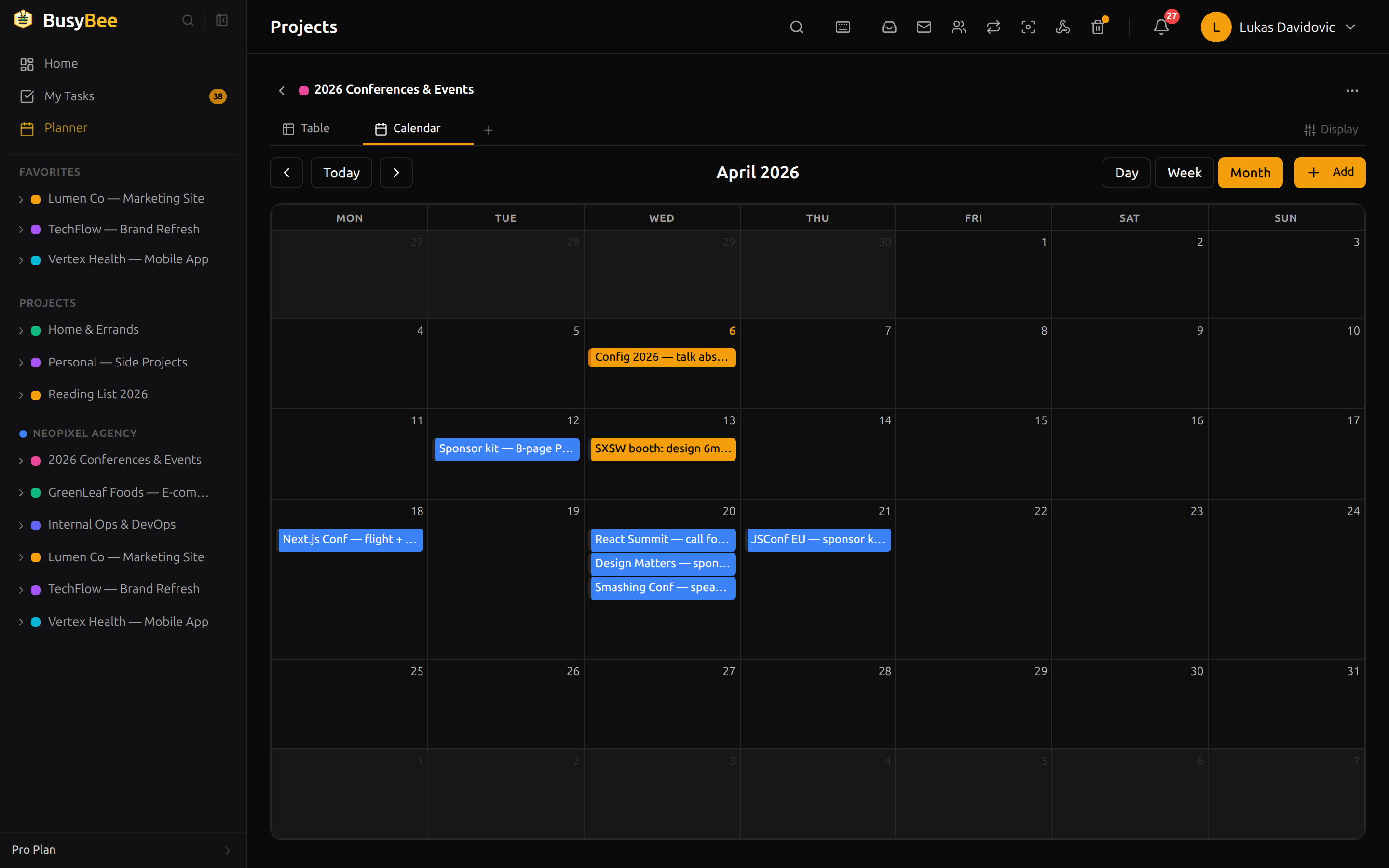 Calendar view for 2026 Conferences and Events project showing scheduled deliverables across the month