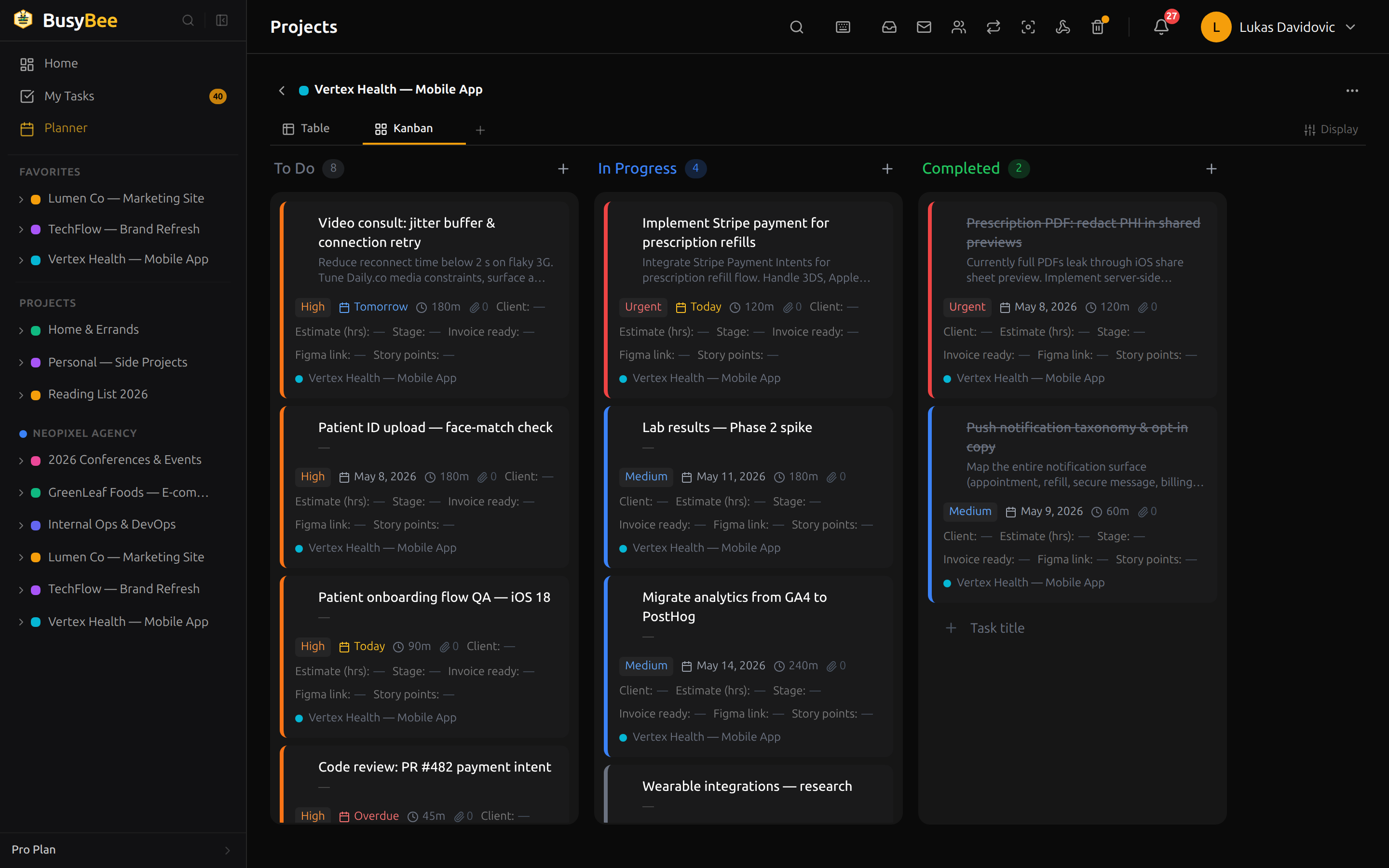 Kanban board for Vertex Health mobile app project with Backlog, In Progress, Review, and Shipped columns