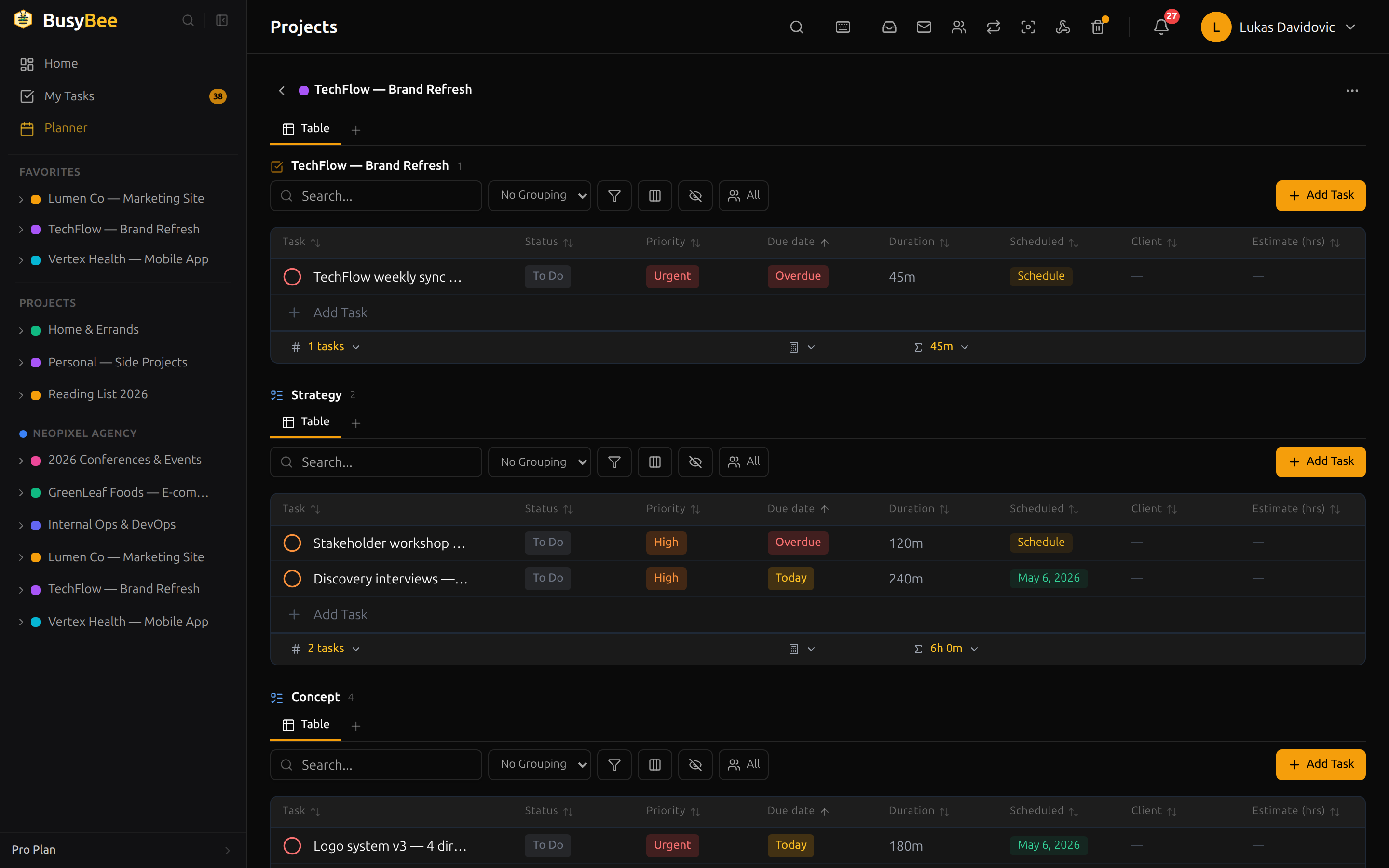 Table view for TechFlow brand refresh project with custom fields visible as spreadsheet columns