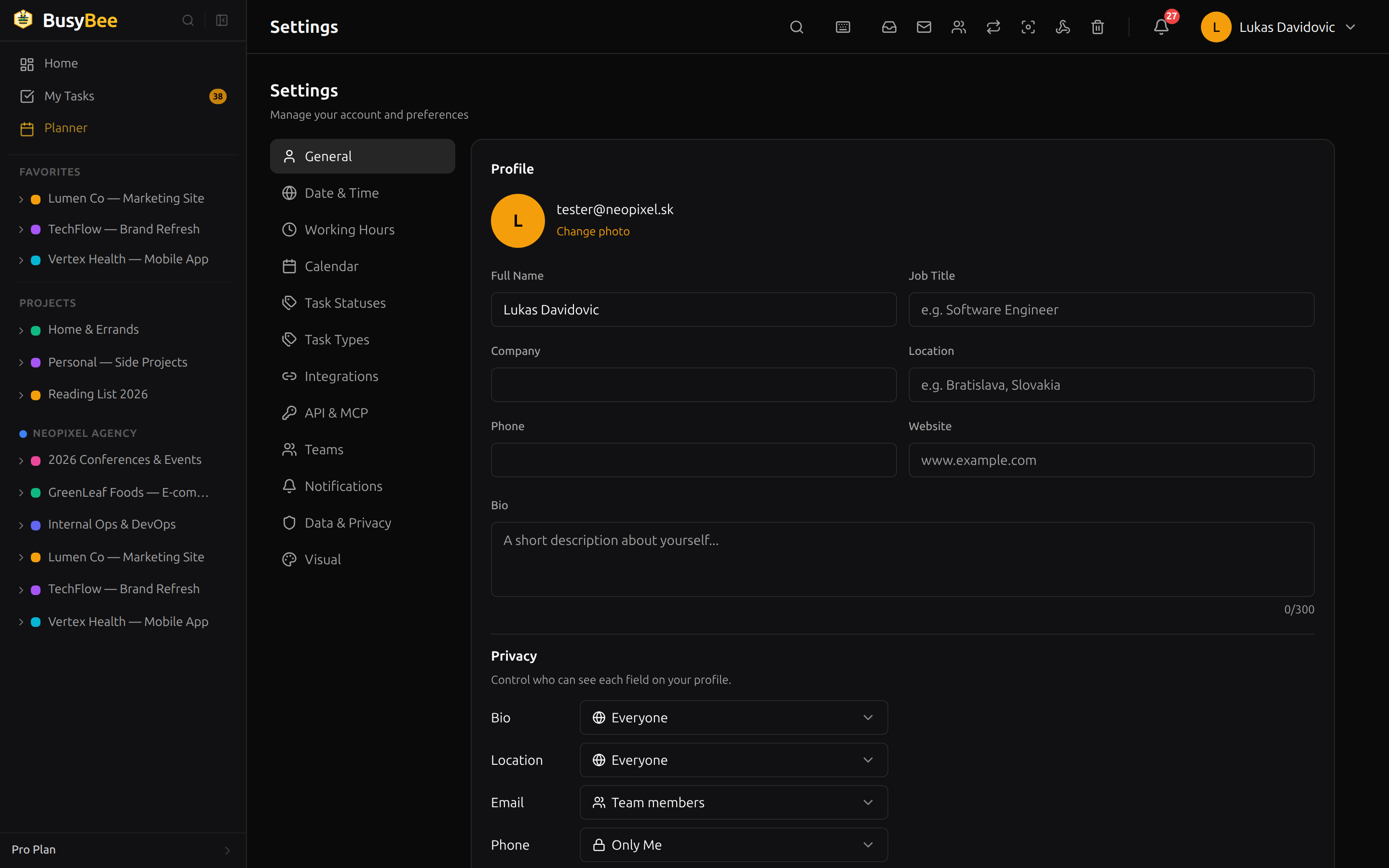 BusyBee.Day Settings page where teams, members, and integrations are managed