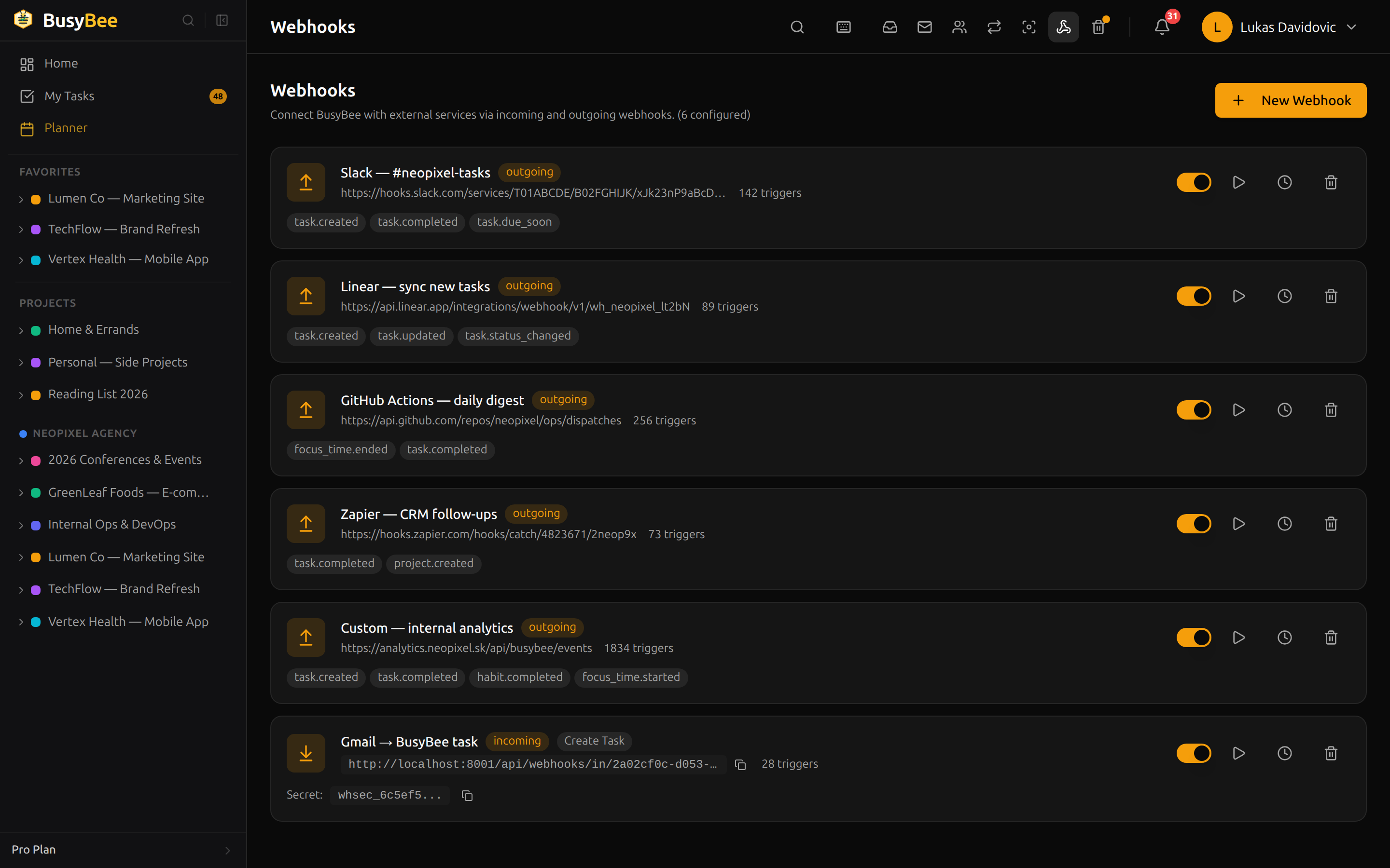 BusyBee.Day Webhooks page listing configured outgoing and incoming webhooks with event types and target URLs