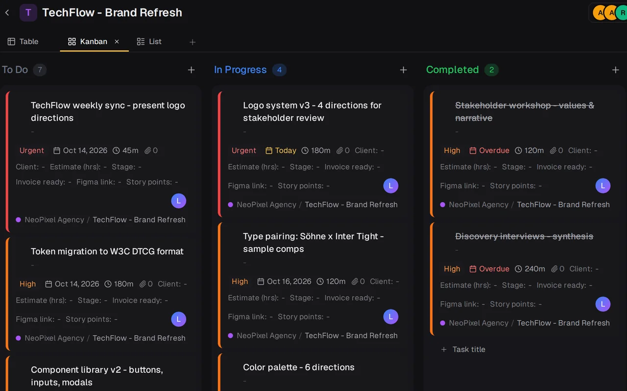 مشروع على لوحة Kanban في BusyBee.Day، والمهام في أعمدة To Do وIn Progress وCompleted